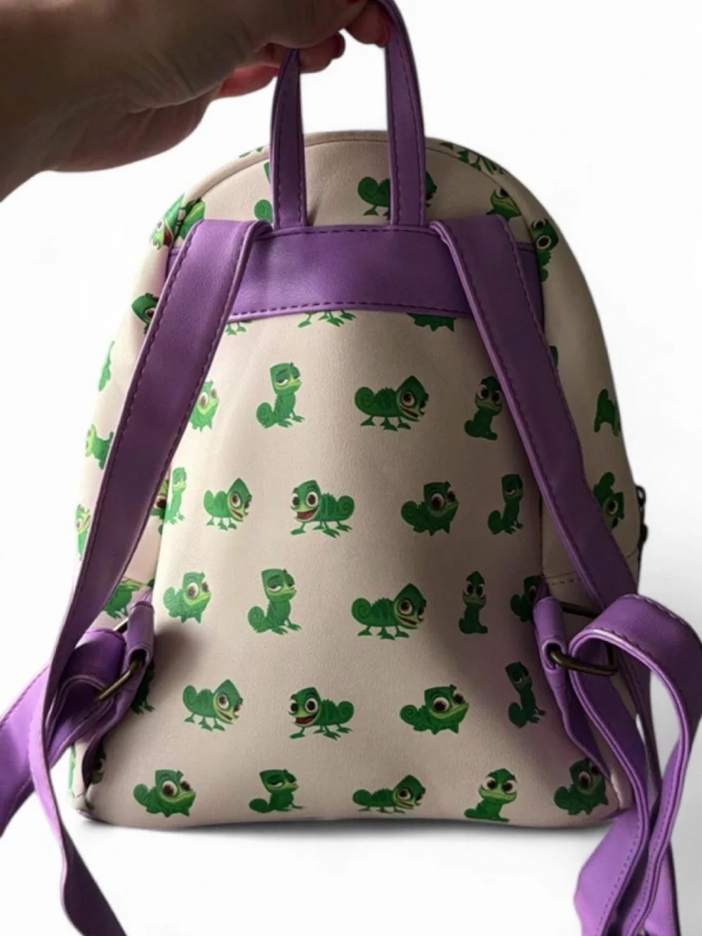 Disney Loungefly Tangled Mini Backpack with Green Pascal Print and Purple Trim